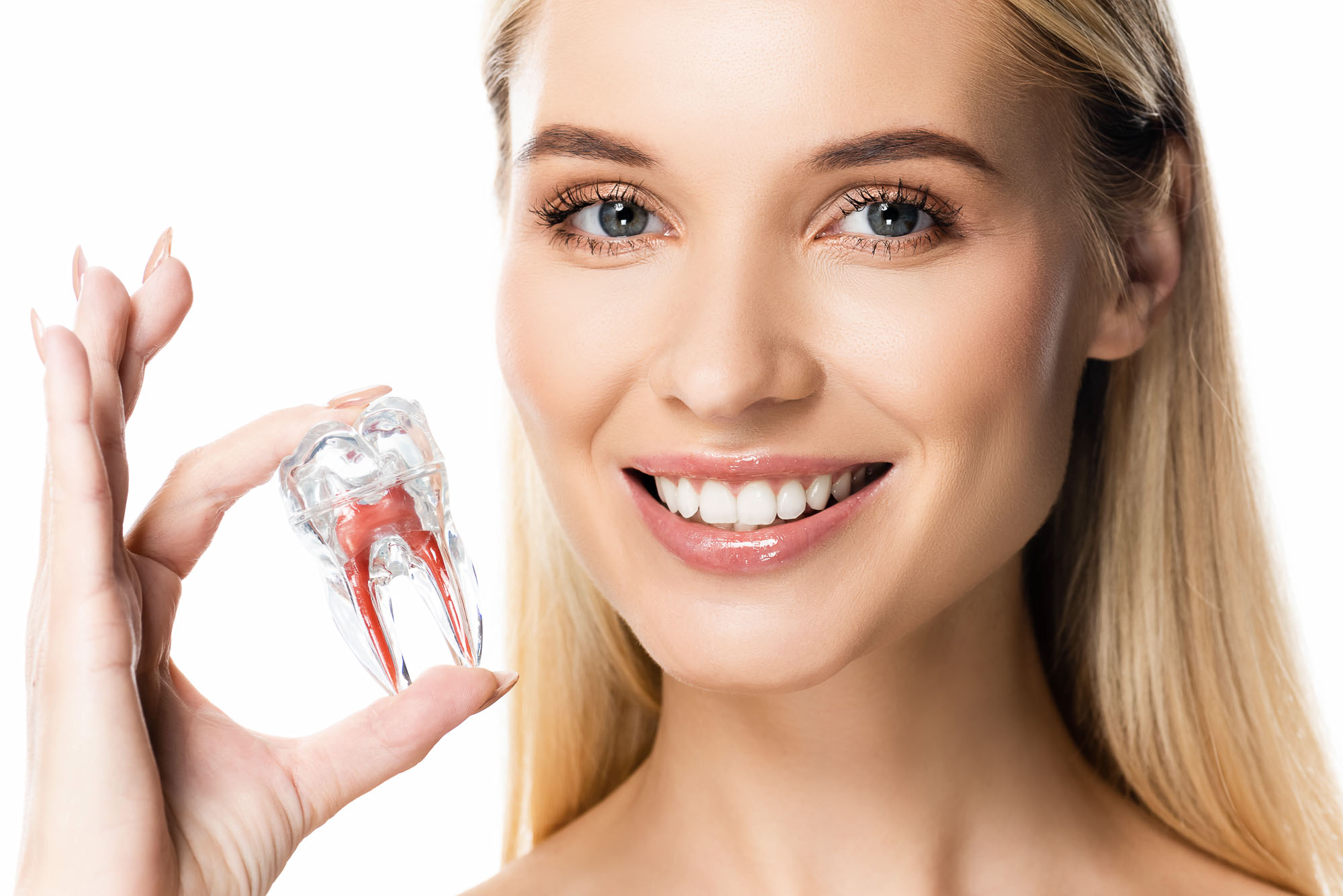 naked smiling woman with white teeth holding tooth model isolate